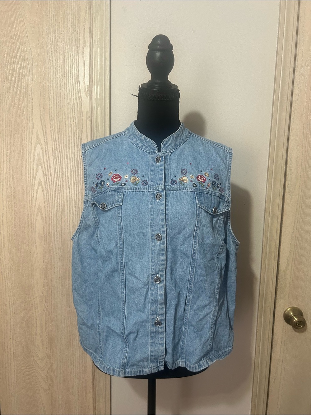 Embroidered Light Blue Denim Vest - Women's Top